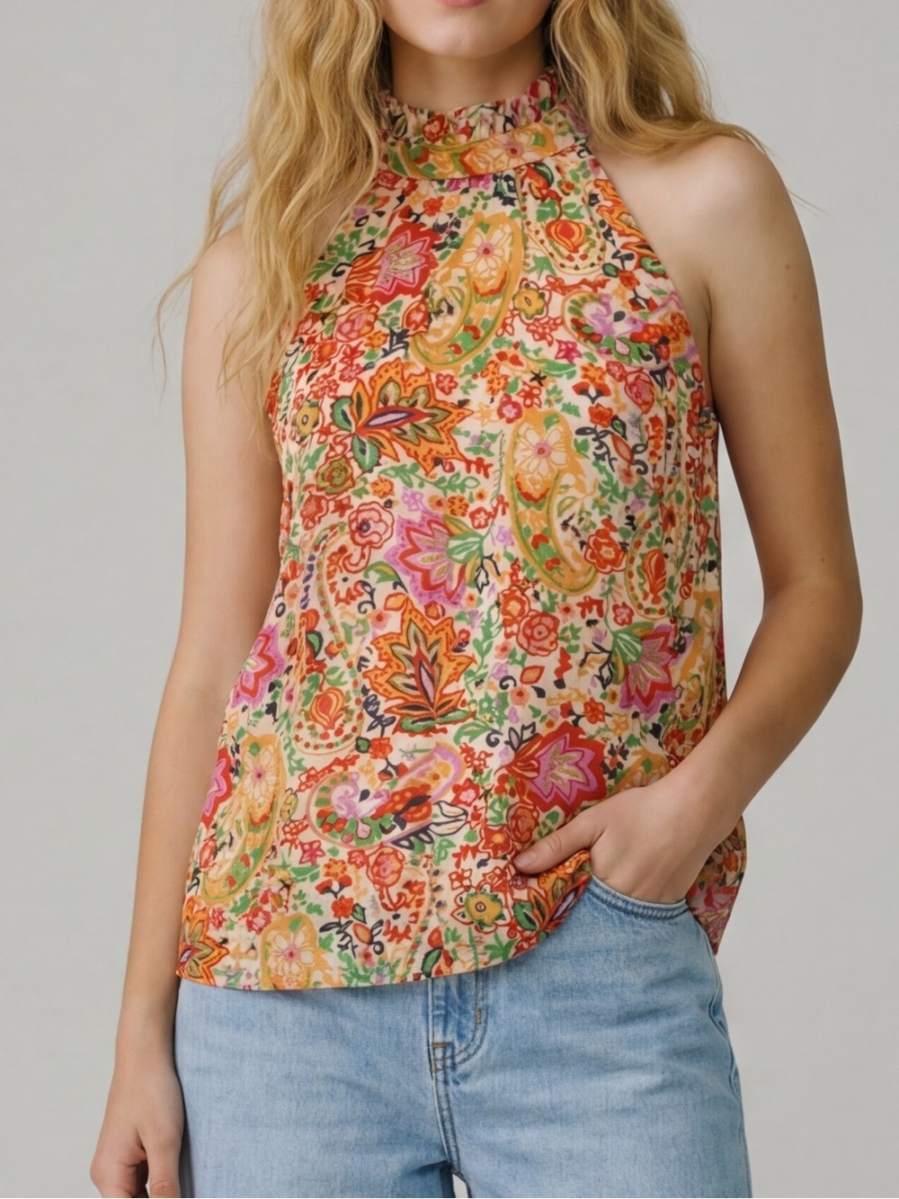 Anthropologie Cynthia Rowley Halter Top floral Paisley Ruffle Collar Vacation